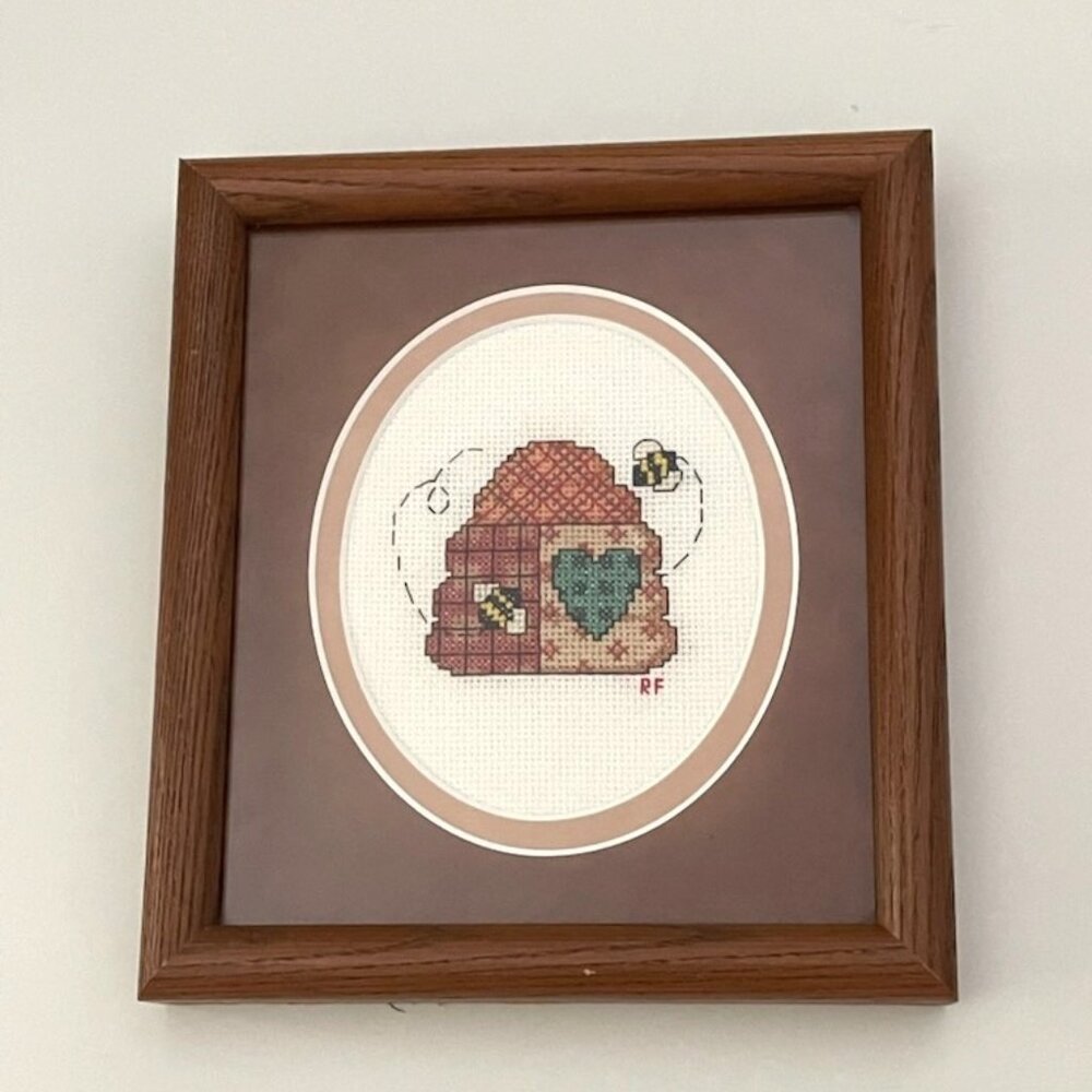 Honeybee Hive Skep Basket Heart Cross Stitch Complete Double Matte Framed Glass